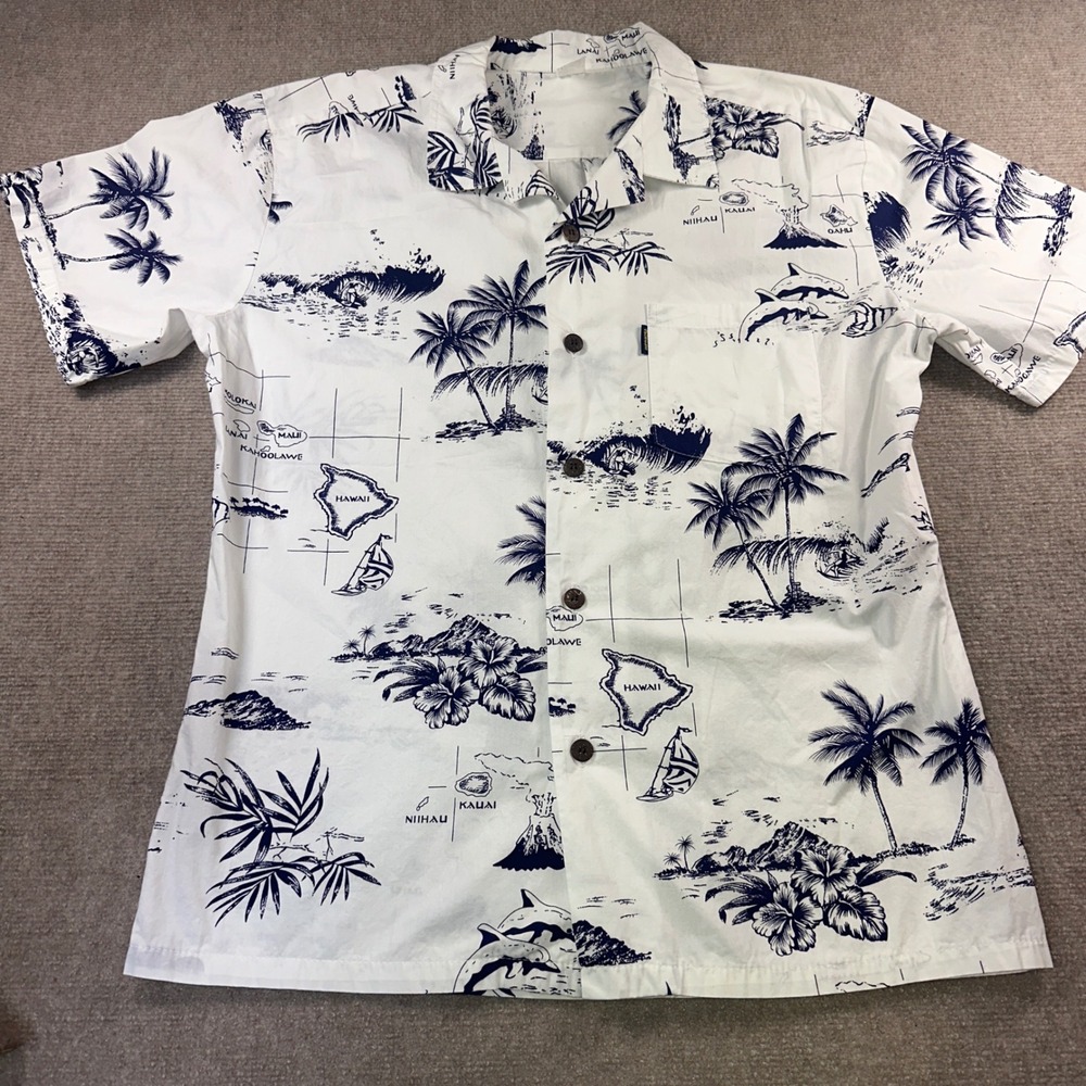 Palmwave Mens Hawaiian Shirt White Blue Map Tropical Cotton Aloha XL A290